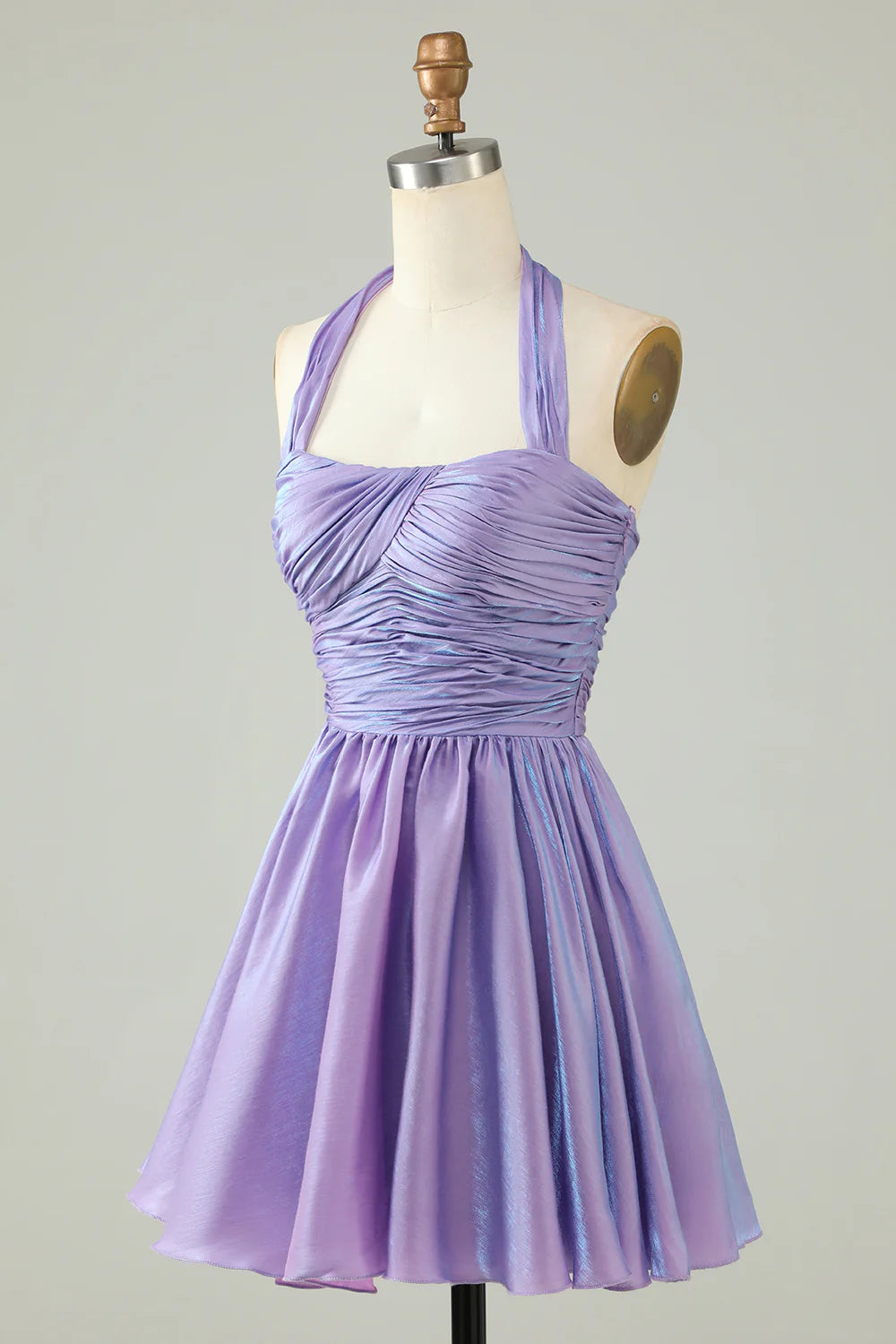 A-Line Satin Halter Purple Homecoming Dress With Pleated