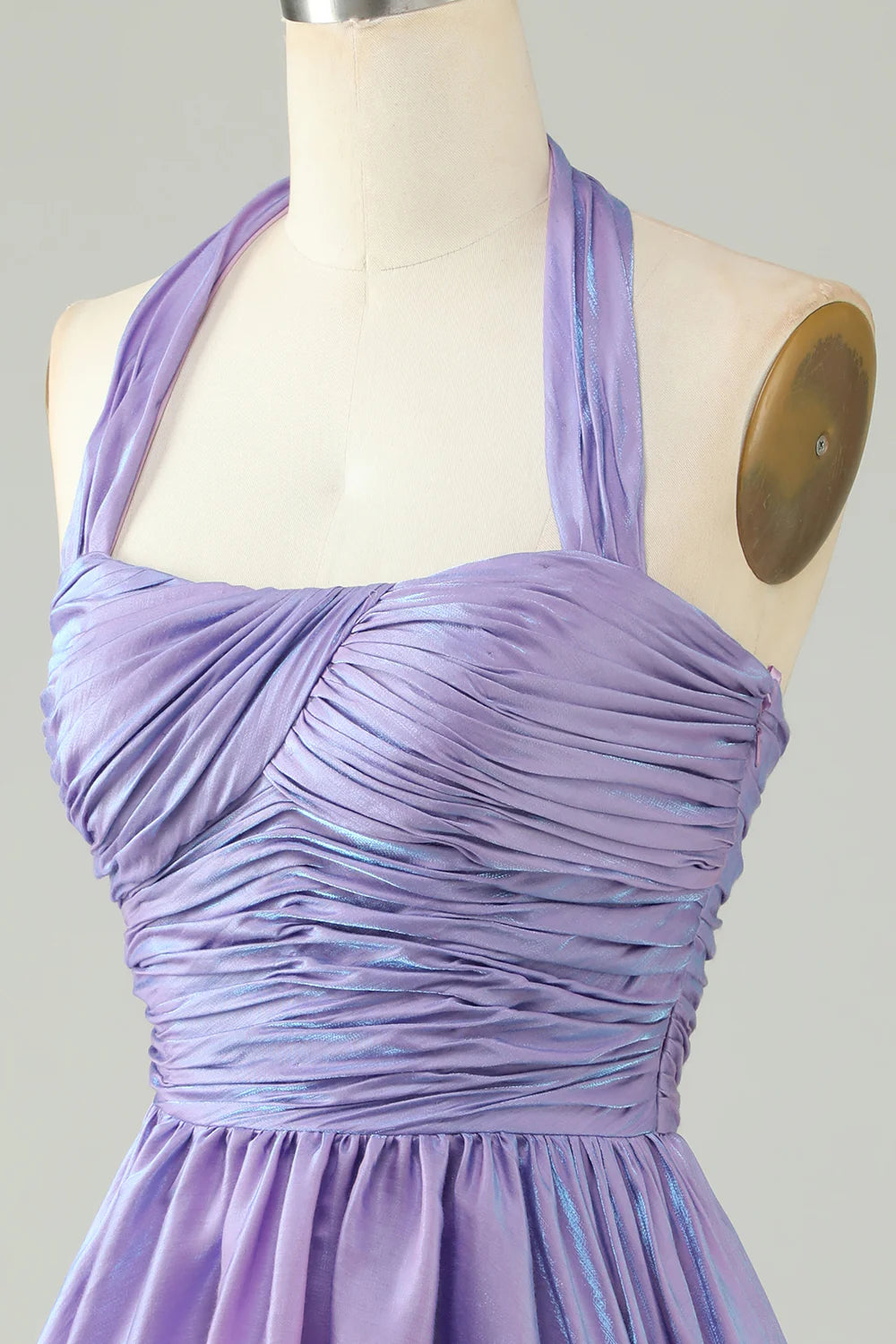 A-Line Satin Halter Purple Homecoming Dress With Pleated