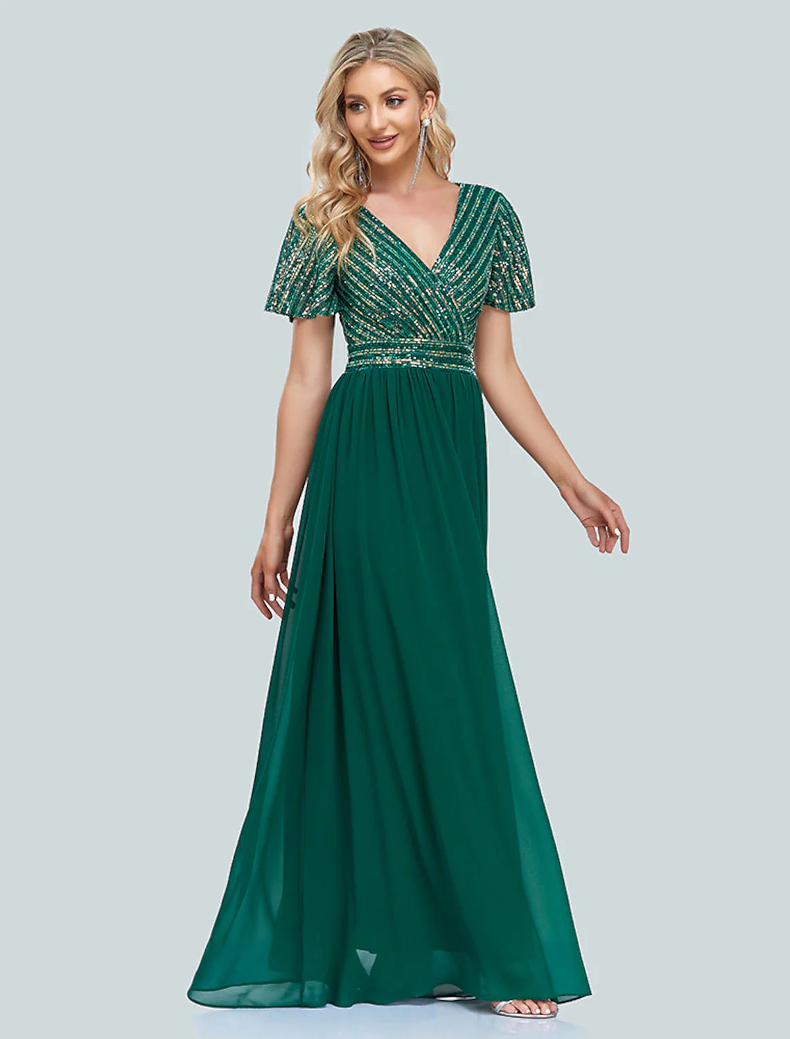 Evening Gown Elegant Dress Christmas Floor Length Short Sleeve V Neck Sequined with Sequin