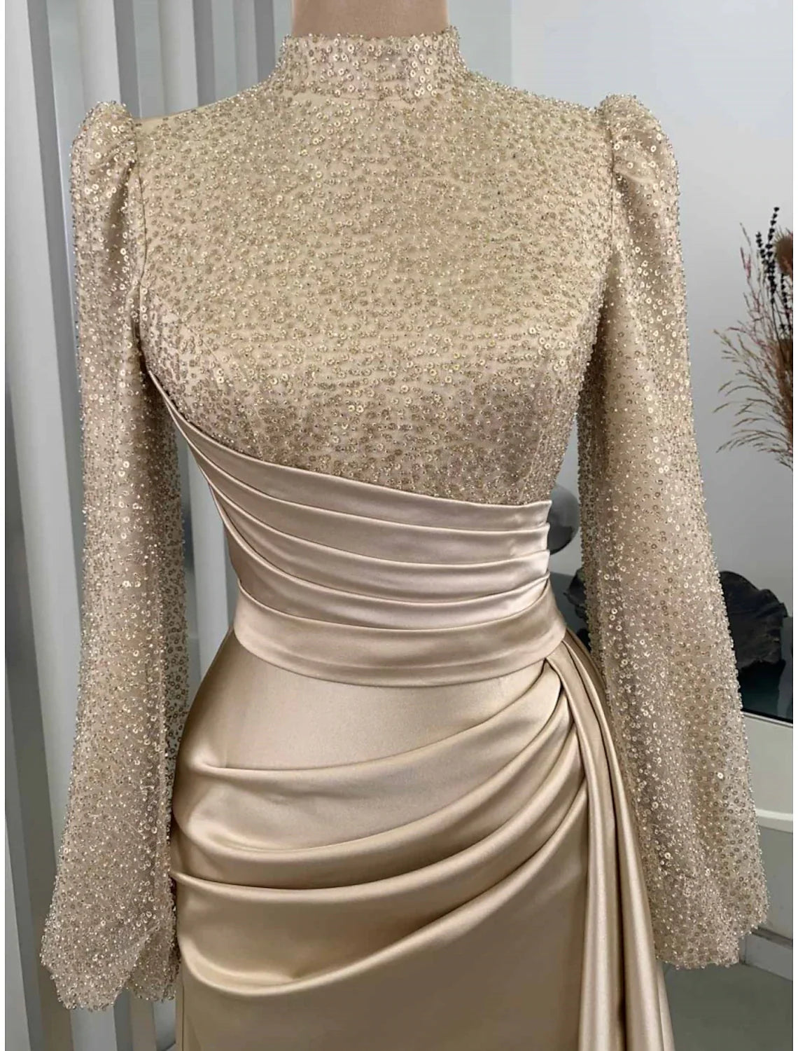 Evening Gown Champagne Christmas Elegant Dress Formal Sweep / Brush Train Long Sleeve High Neck Satin with Glitter Pleats Ruched
