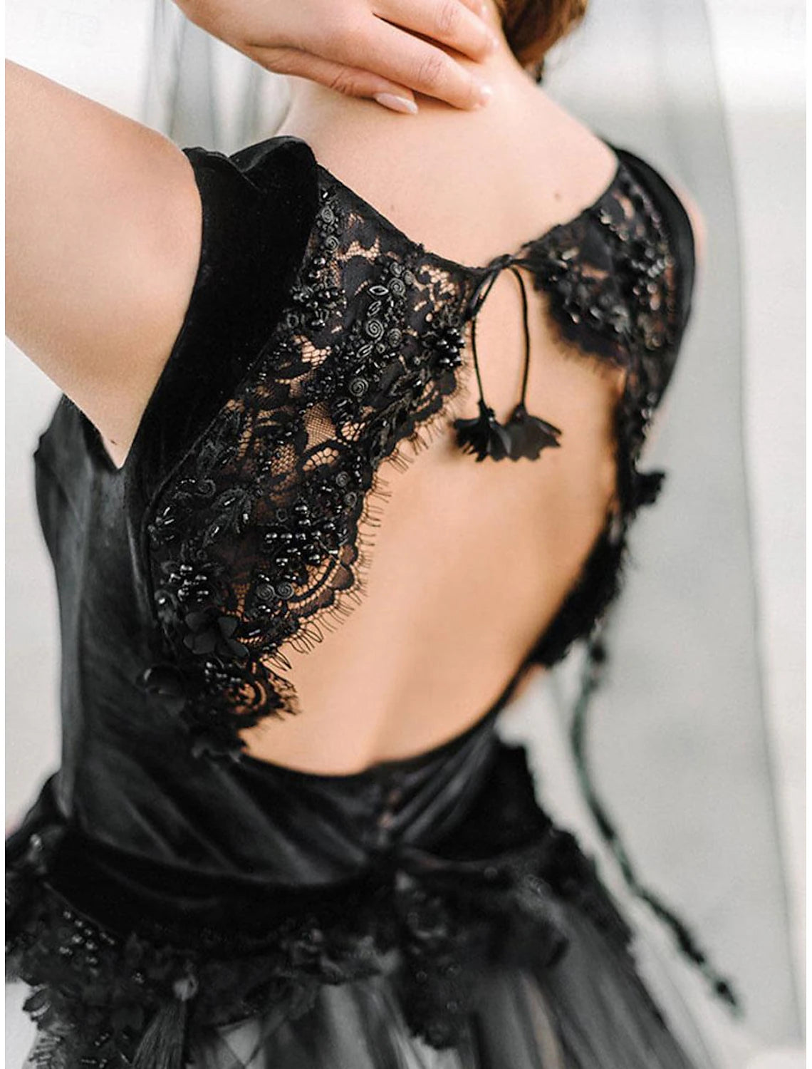 Beach Boho Black Wedding Dresses Ball Gown Square Neck Spaghetti Strap Sleeveless Court Train Lace Bridal Gowns