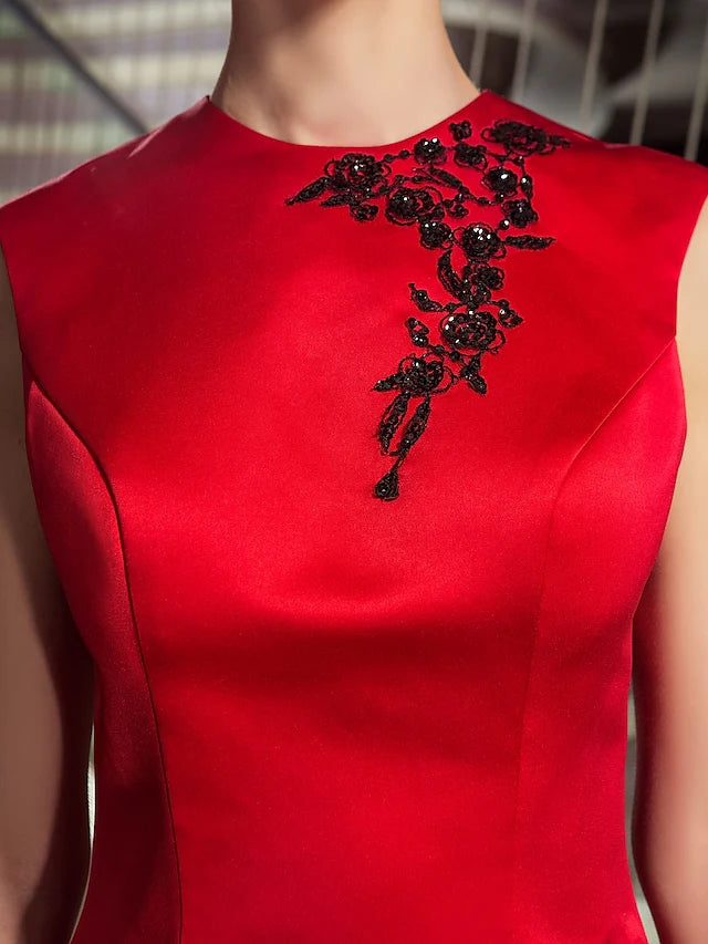A-Line Elegant Dress Christmas Knee Length Sleeveless Jewel Neck Satin