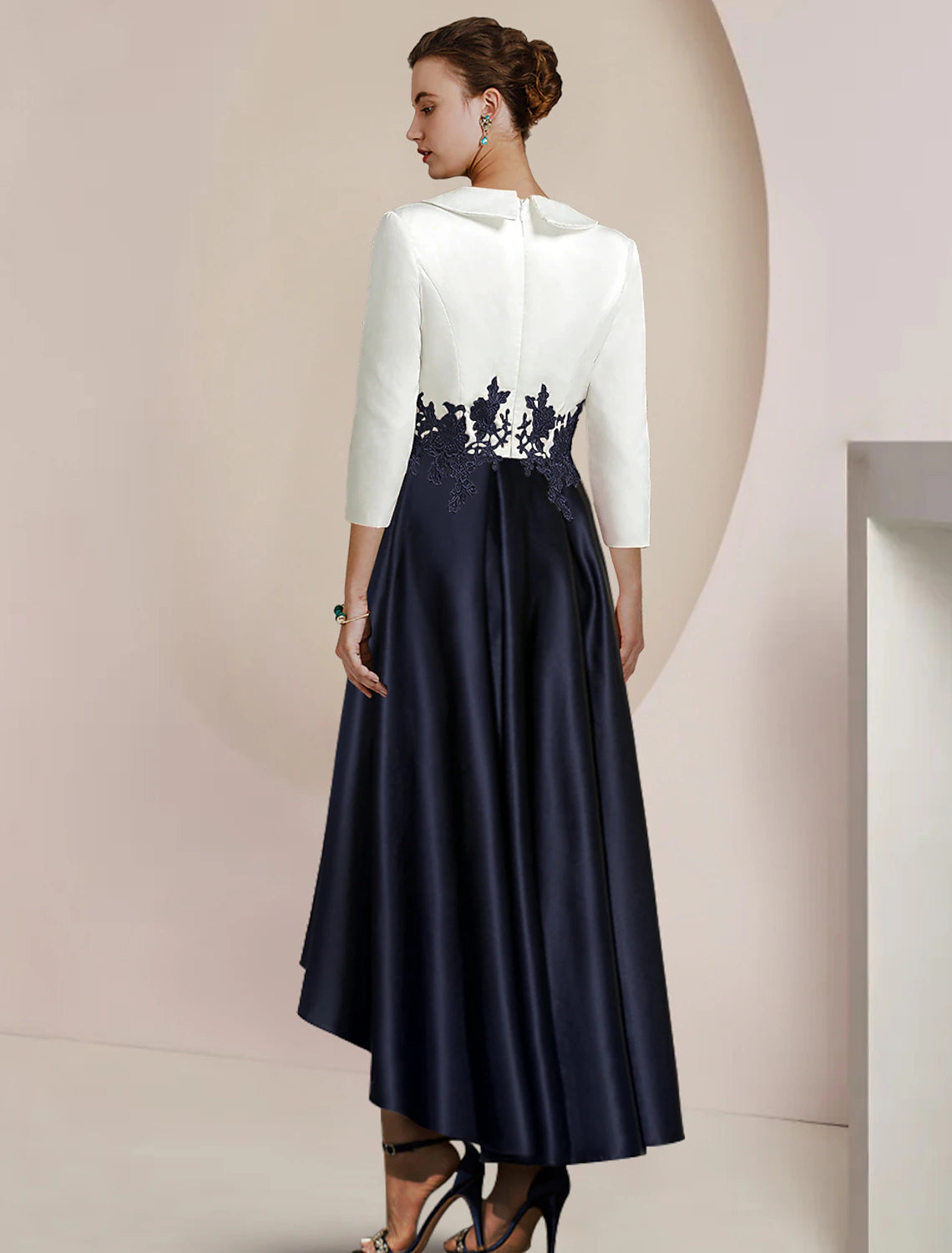 A-Line Mother of the Bride Dress Formal Wedding Guest Elegant High Low Shirt Collar Asymmetrical Tea Length Satin Lace 3/4 Length Sleeve