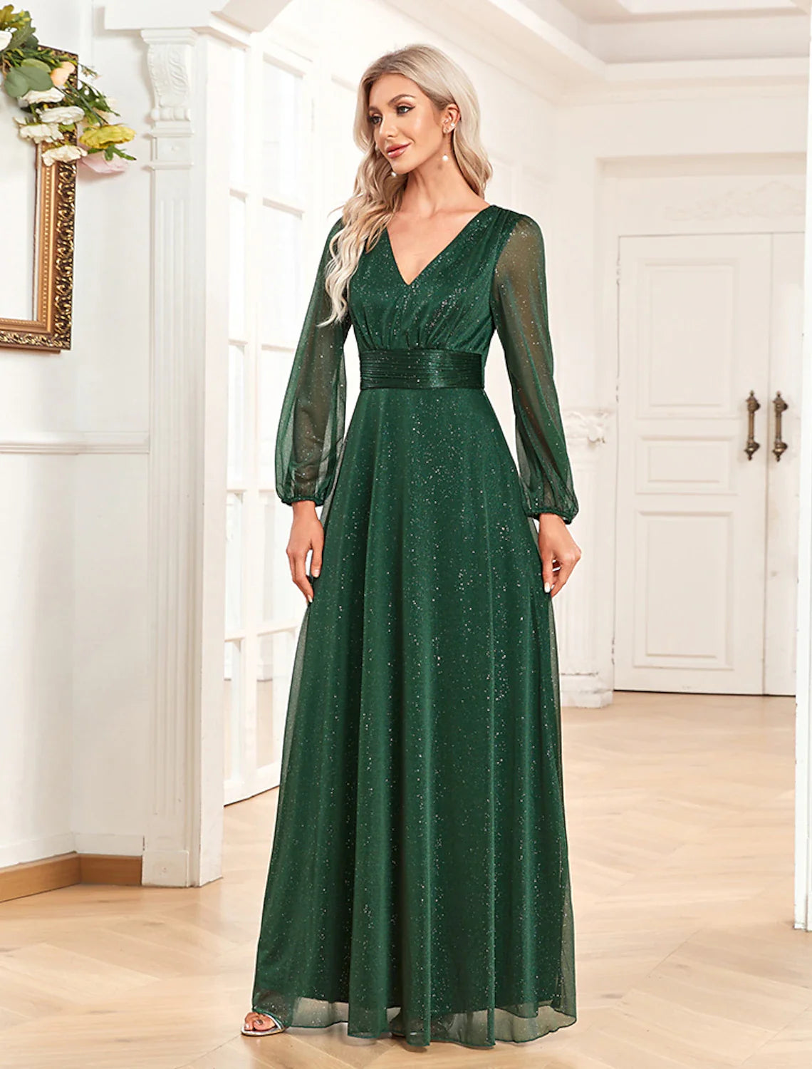 Evening Gown Elegant Dress Formal Floor Length Long Sleeve V Neck Chiffon with Sequin