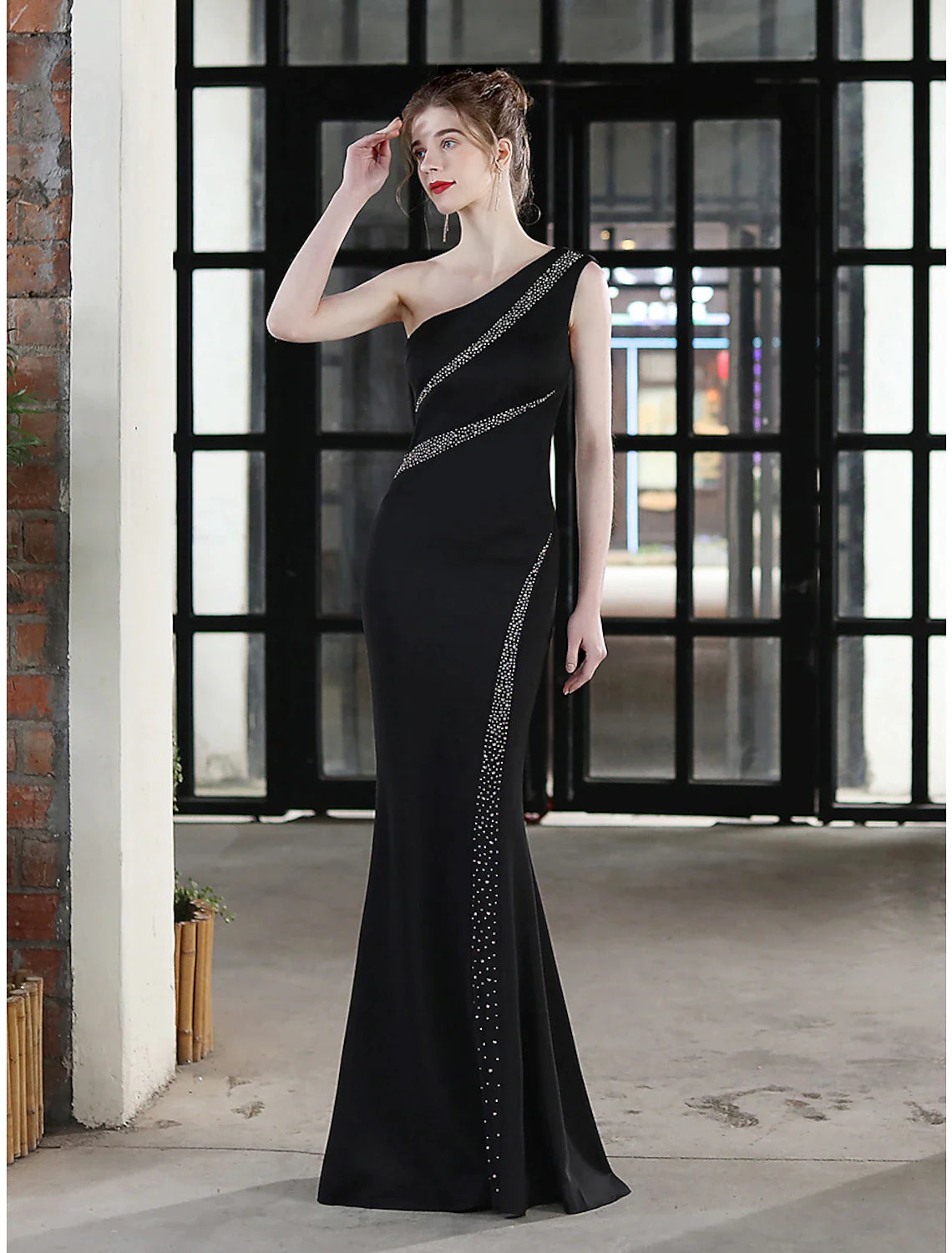 Mermaid / Trumpet Evening Gown Sexy Dress Wedding Guest Floor Length Sleeveless One Shoulder Satin with Crystals