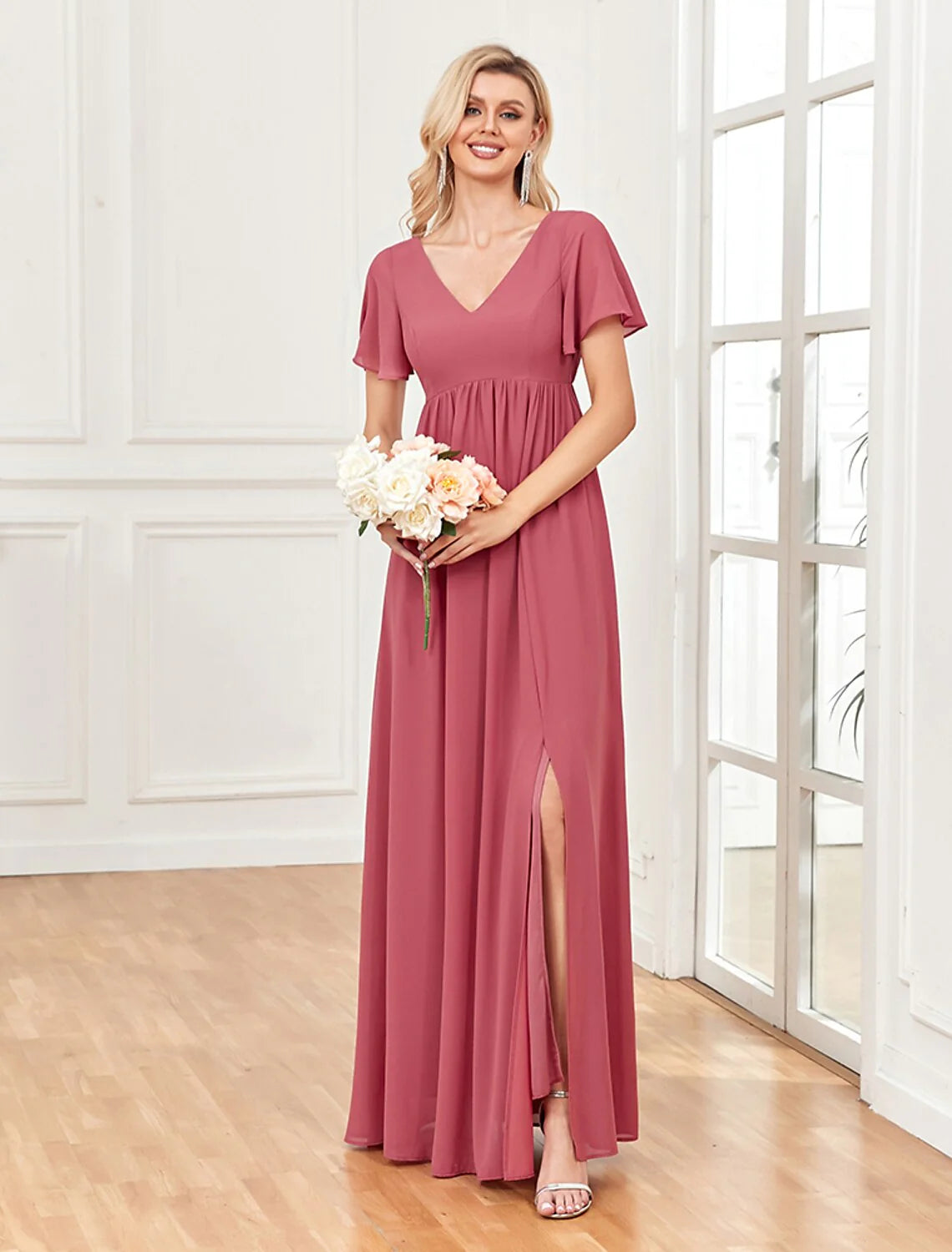 Evening Gown Empire Dress Party Wear Floor Length Short Sleeve V Neck Chiffon V Back with Slit