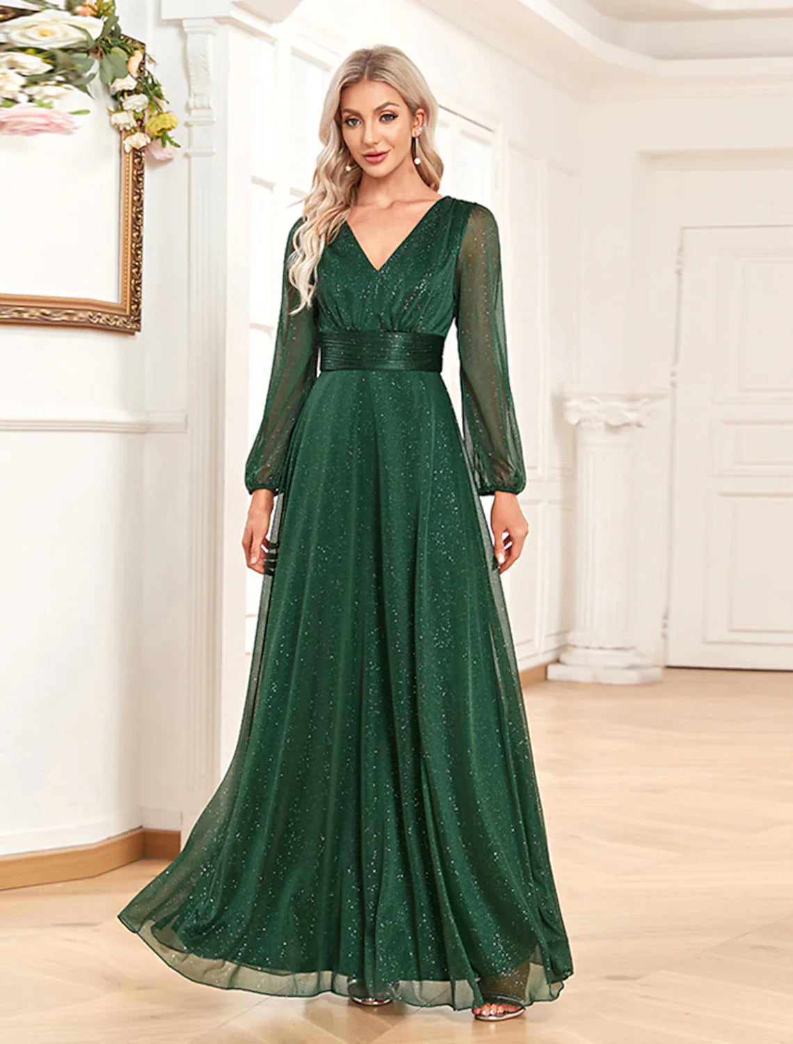 Evening Gown Elegant Dress Formal Floor Length Long Sleeve V Neck Chiffon with Sequin