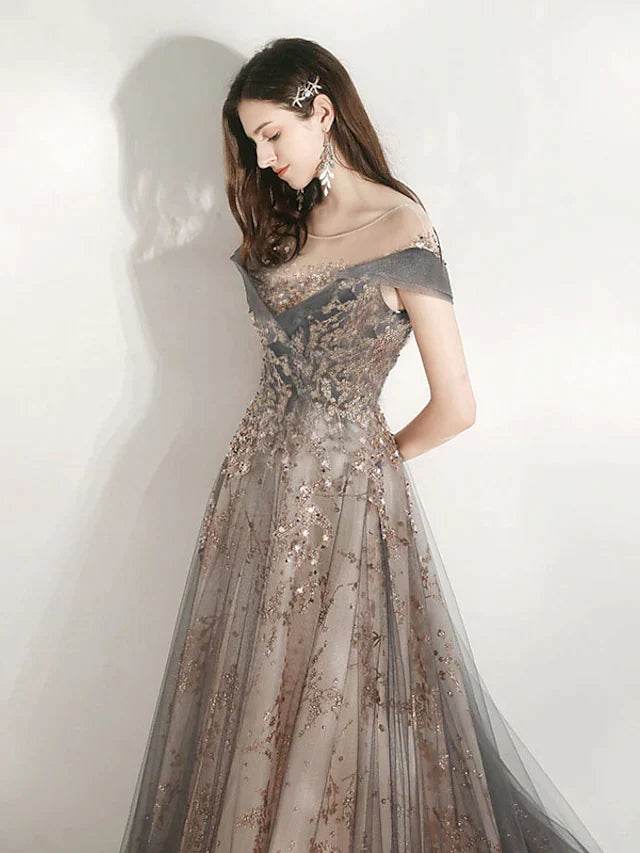 A-Line Bridesmaid Dress Jewel Neck Short Sleeve Beautiful Back Floor Length Tulle with Crystals Bandage