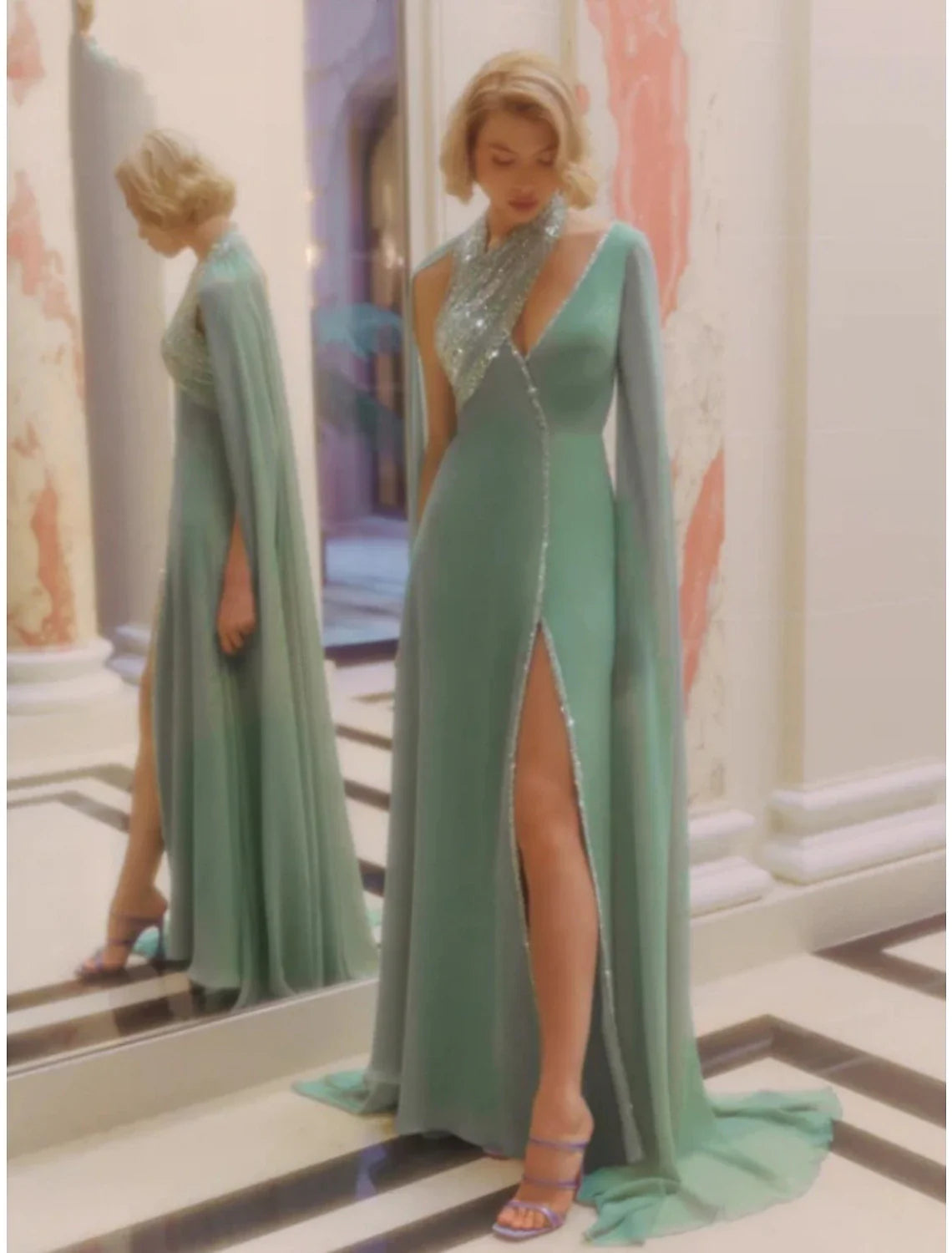Evening Gown Elegant Dress Formal Court Train Sleeveless V Neck Sequined with Glitter Pleats Slit