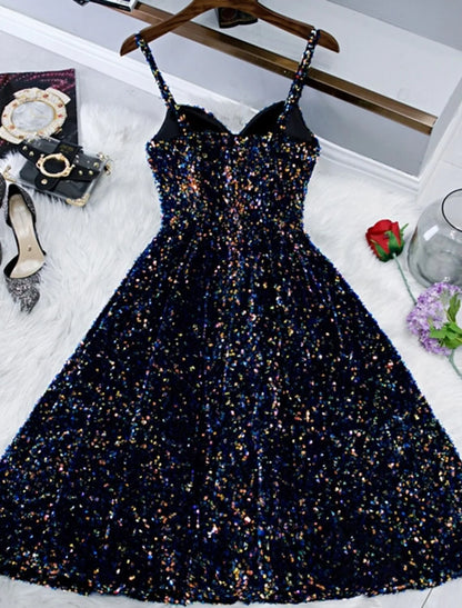 Sparkle & Shine Holiday Cocktail Party Dress Spaghetti Strap Sleeveless Knee Length Sequined with Sequin