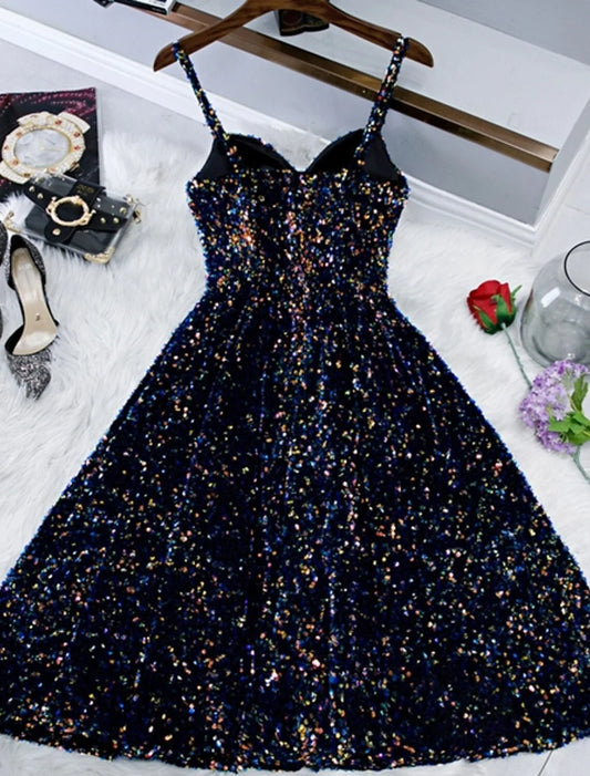 Sparkle & Shine Holiday Cocktail Party Dress Spaghetti Strap Sleeveless Knee Length Sequined with Sequin