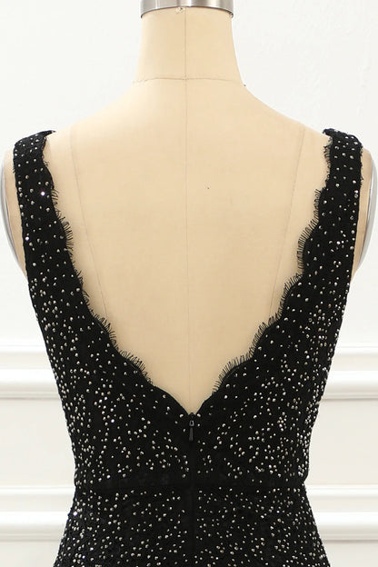 Deep V Neck Lace Mermaid Black Prom Dress With Beading