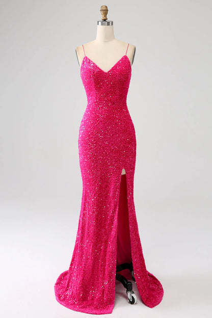 Sequins Mermaid Spaghetti Straps V-Neck Long Prom Dress