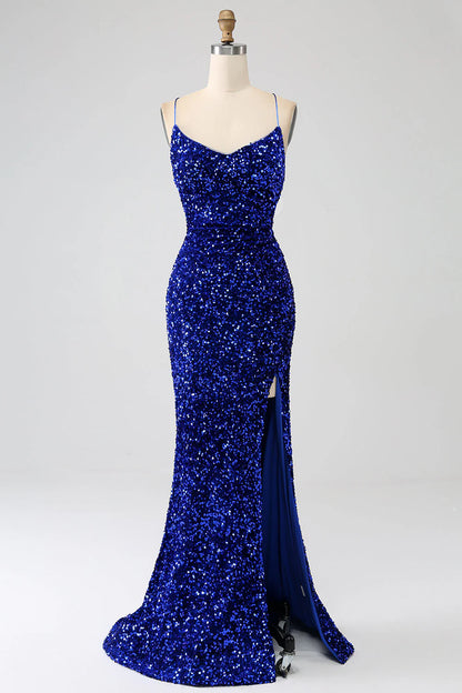 Sequins Mermaid Spaghetti Straps V-Neck Long Prom Dress