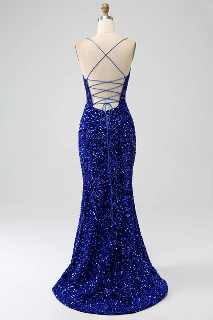 Sequins Mermaid Spaghetti Straps V-Neck Long Prom Dress