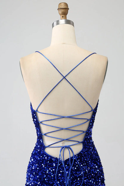 Sequins Mermaid Spaghetti Straps V-Neck Long Prom Dress