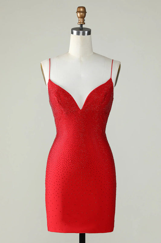 Beading Tight Glitter Red Homecoming Dress