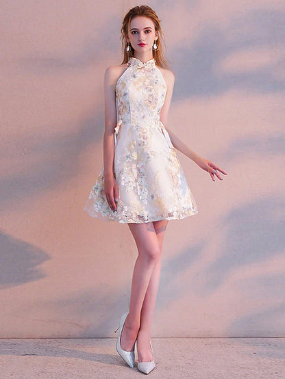 Cocktail Party Dress High Neck Long Sleeve Short Mini Tulle with Sash Ribbon Embroidery