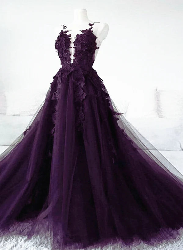 Dark Purple Tulle with Lace Applique Formal Dress
