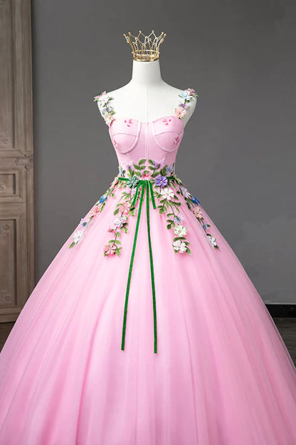 Pink Straps Tulle Sweetheart Ball Gown with Flowers
