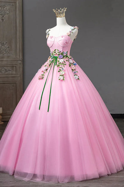 Pink Straps Tulle Sweetheart Ball Gown with Flowers
