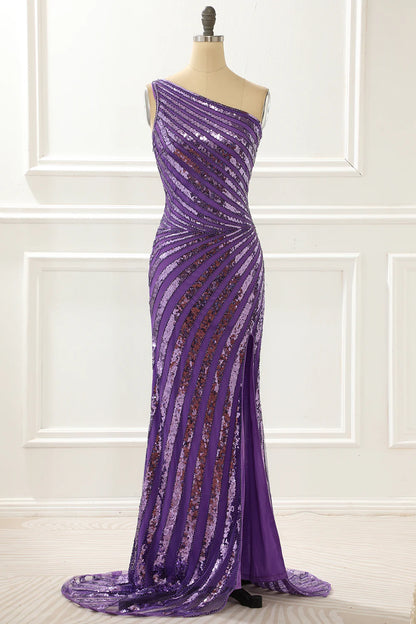 Purple One Shoulder Sequin Prom Dress With Slit
