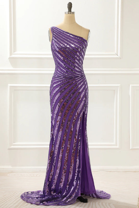 Purple One Shoulder Sequin Prom Dress With Slit