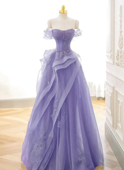 Purple Sweetheart Off Shoulder Tulle Long Party Prom Dress