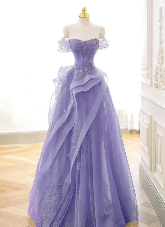 Purple Sweetheart Off Shoulder Tulle Long Party Prom Dress