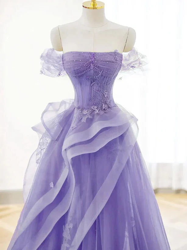 Purple Sweetheart Off Shoulder Tulle Long Party Prom Dress
