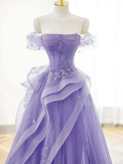 Purple Sweetheart Off Shoulder Tulle Long Party Prom Dress