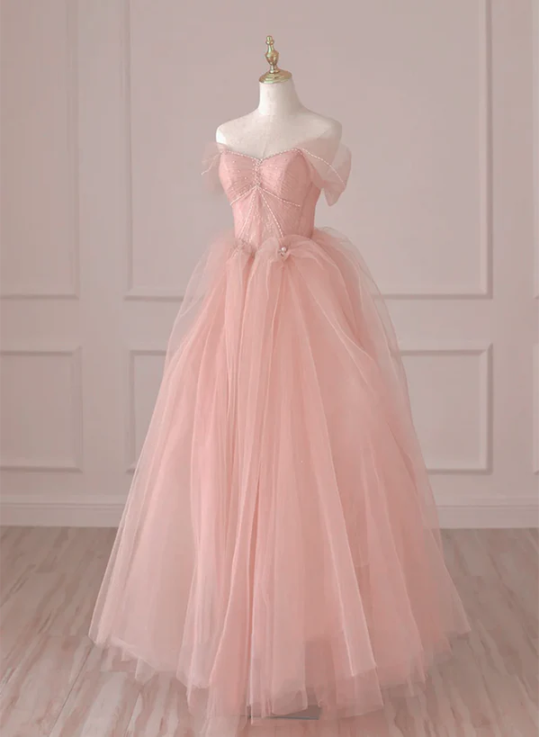 Light Pink Tulle Off Shoulder Lace and Beaded Prom Dress