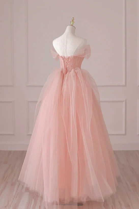 Light Pink Tulle Off Shoulder Lace and Beaded Prom Dress