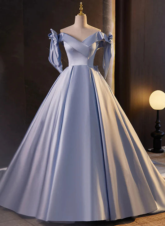 Blue Satin Ball Gown Off Shoulder Long Party Prom Dress