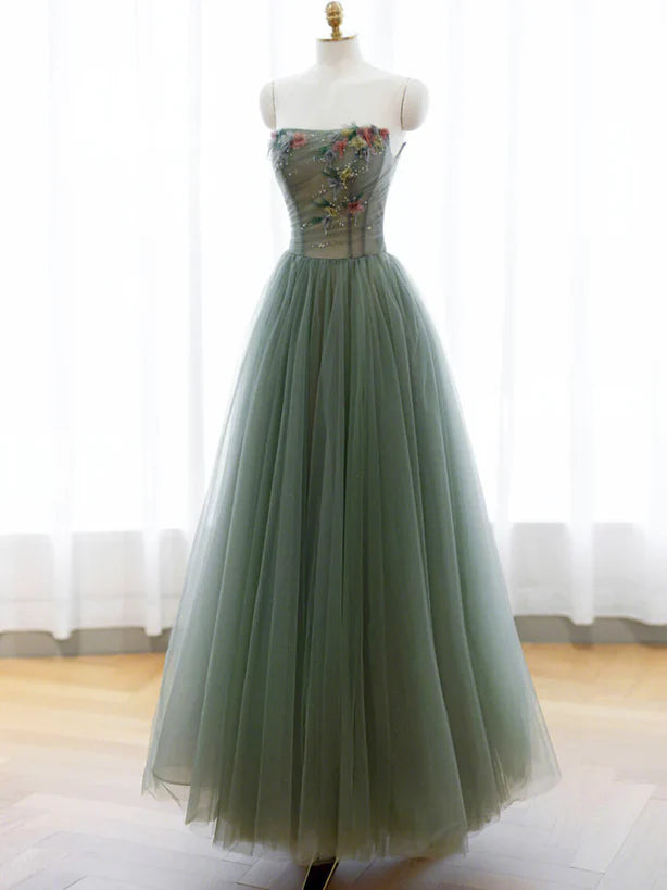 Green A-line Tulle with Lace Applique Long Formal Dress