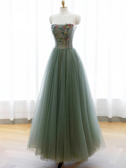 Green A-line Tulle with Lace Applique Long Formal Dress
