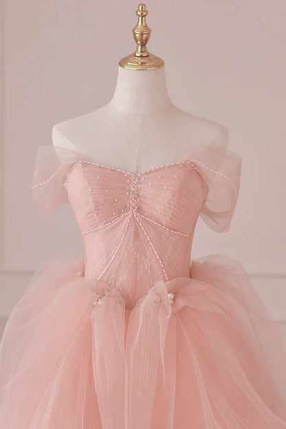 Light Pink Tulle Off Shoulder Lace and Beaded Prom Dress