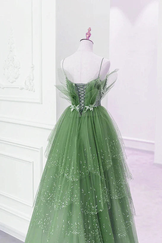 Glam Green Layers Tulle Straps Beaded Long Party Prom Dress