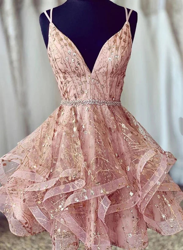 Pink Tulle Straps Lace-up Short Prom Dress Homecoming Dress