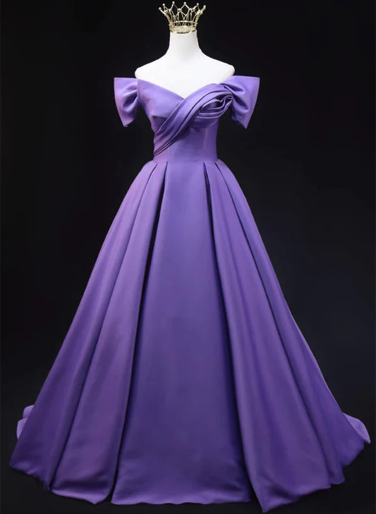 Purple Satin A-line Off Shoulder Long Party Prom Dress