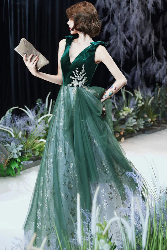Dark Green A-line Tulle Long Evening Dress Prom Dress