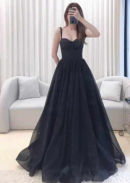 A-line Black Tulle Sweetheart Straps Long Prom Dress