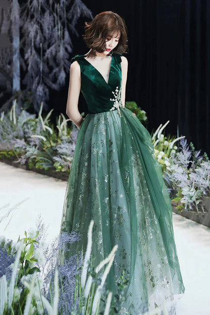 Dark Green A-line Tulle Long Evening Dress Prom Dress