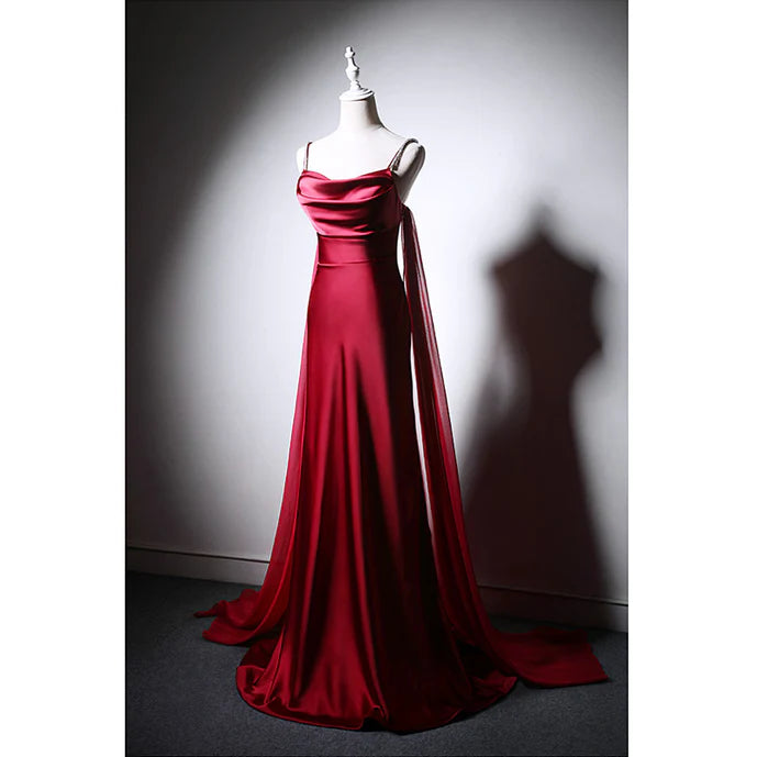Wine Red Soft Satin Long Straps Long A-line Prom Dress