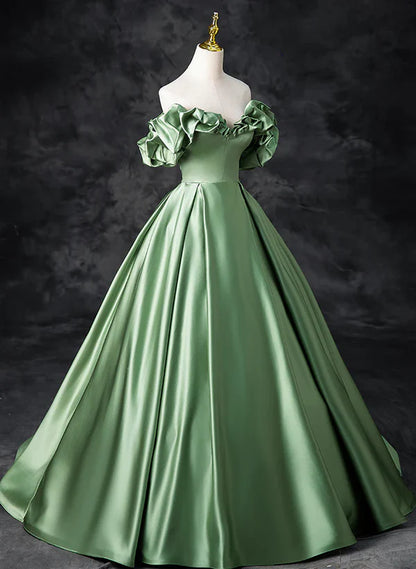 A-line Green Satin Off Shoulder Long Prom Dress