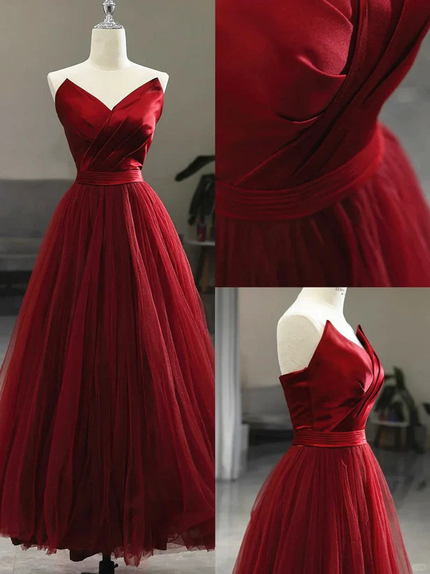 Wine Red Tea Length Tulle V-neckline Prom Dress