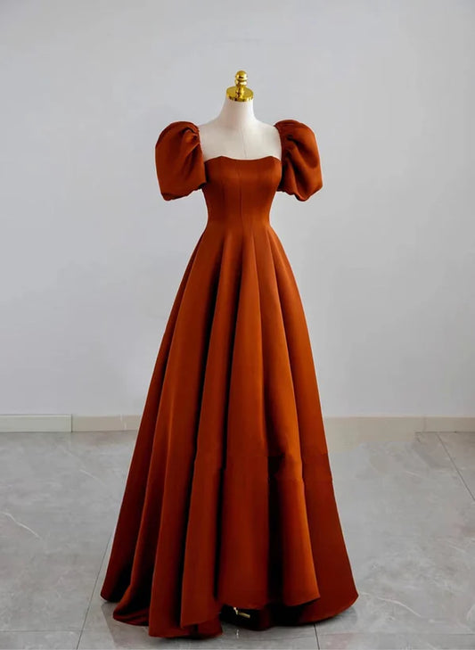 A-line Satin Simple Short Sleeves Long Formal Dress