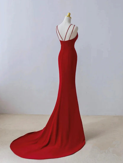 Pretty Red Mermaid Straps Long Evening Prom Dress with Leg Slit