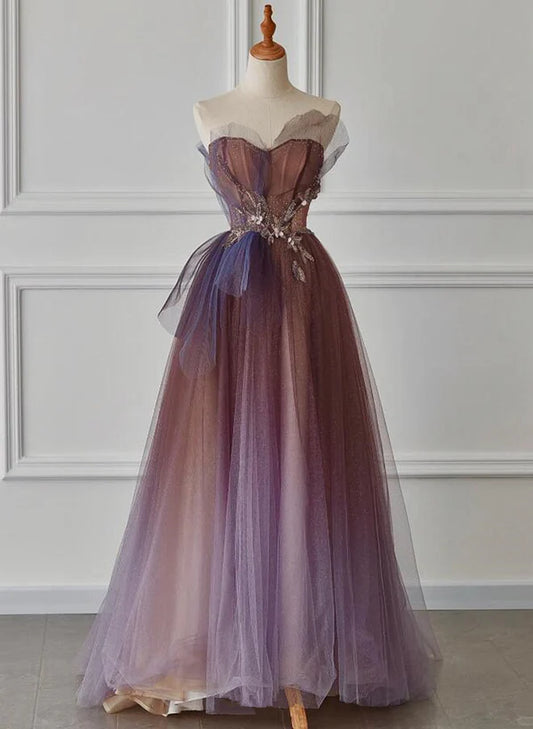 A-line Purple Gradient Tulle Beaded Long Party Prom Dress