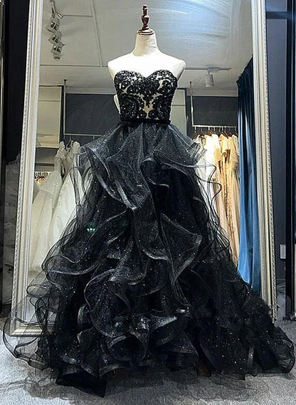 Black Sweetheart Tulle Layers Long Party Prom Dress